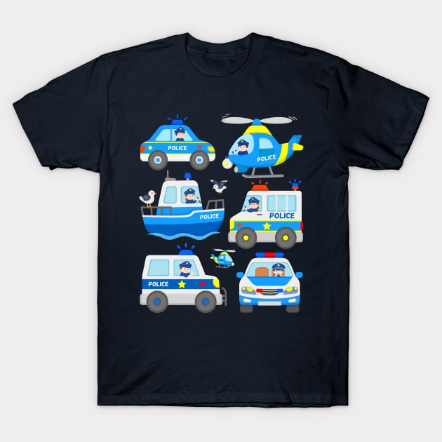 Cops with Patrol Cars Police Helicopter Boat for Kids T-Shirt by samshirts